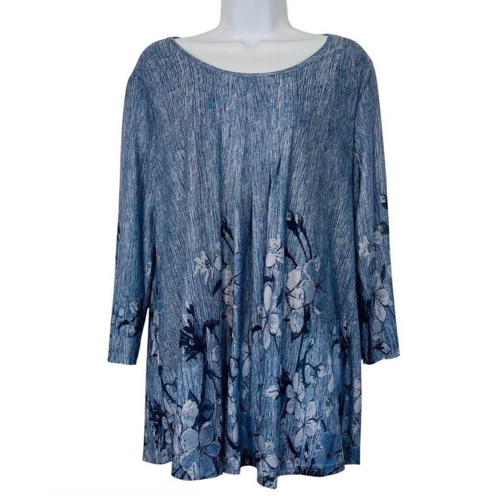 Timeson Blue Floral Tunic Top XL Boho Flowy Pleated Front 3/4 Sleeve